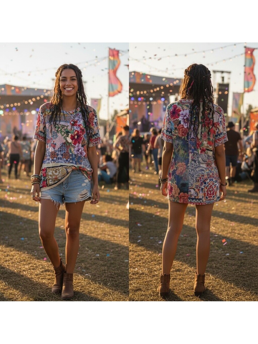 1794 - Johnny Was Los Angeles Floral Patchwork S/S Bamboo Shirt Large